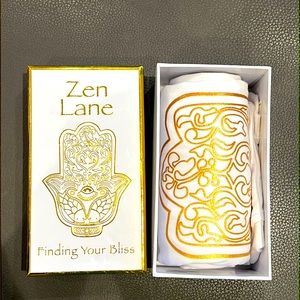 Gretchen Scott the design T-shirt, white and beautiful Zen Lane in gold.